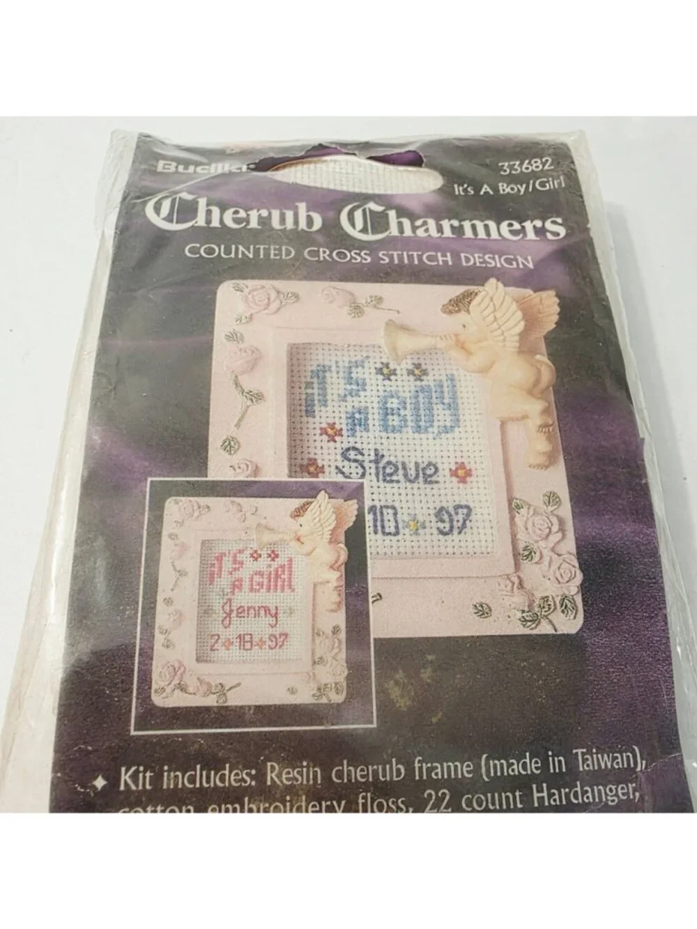 Vtg Bucilla Mini Resin Cherub Frame Boy Girl Cotton Embroidery Cross Stitch DIY